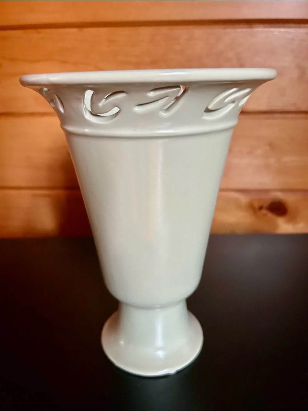Decorative Sage Green Ceramic Pedestal Vase with Cutout Rim